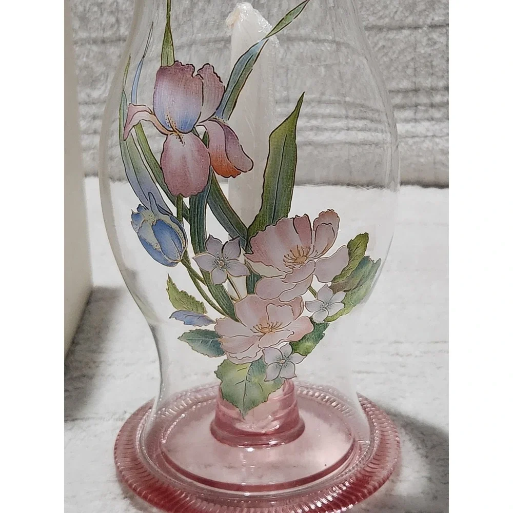 Vintage Smith Hand‎ Crafted Glass Floral Hurricane Candlestick Holder Pink Base